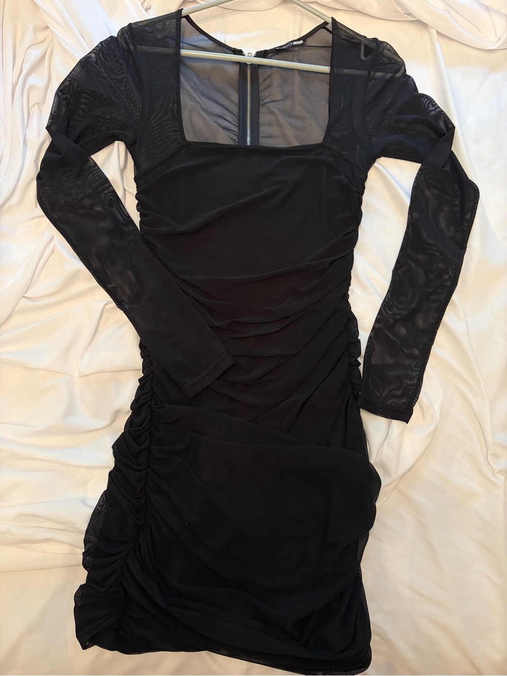 Fashion Nova Black Mesh Ruched Bodycon Mini Dress - sz L